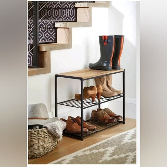 ☆NIB☆3 Tier "BRIGHTROOM" Large Multi-Use black metal Shoe Rack Natural Wood Top☆ - Picture 3 of 13